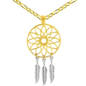 14K Gold Native American Dreamcatcher Charm Pendant with Figaro Necklace - Two-Tone Gold