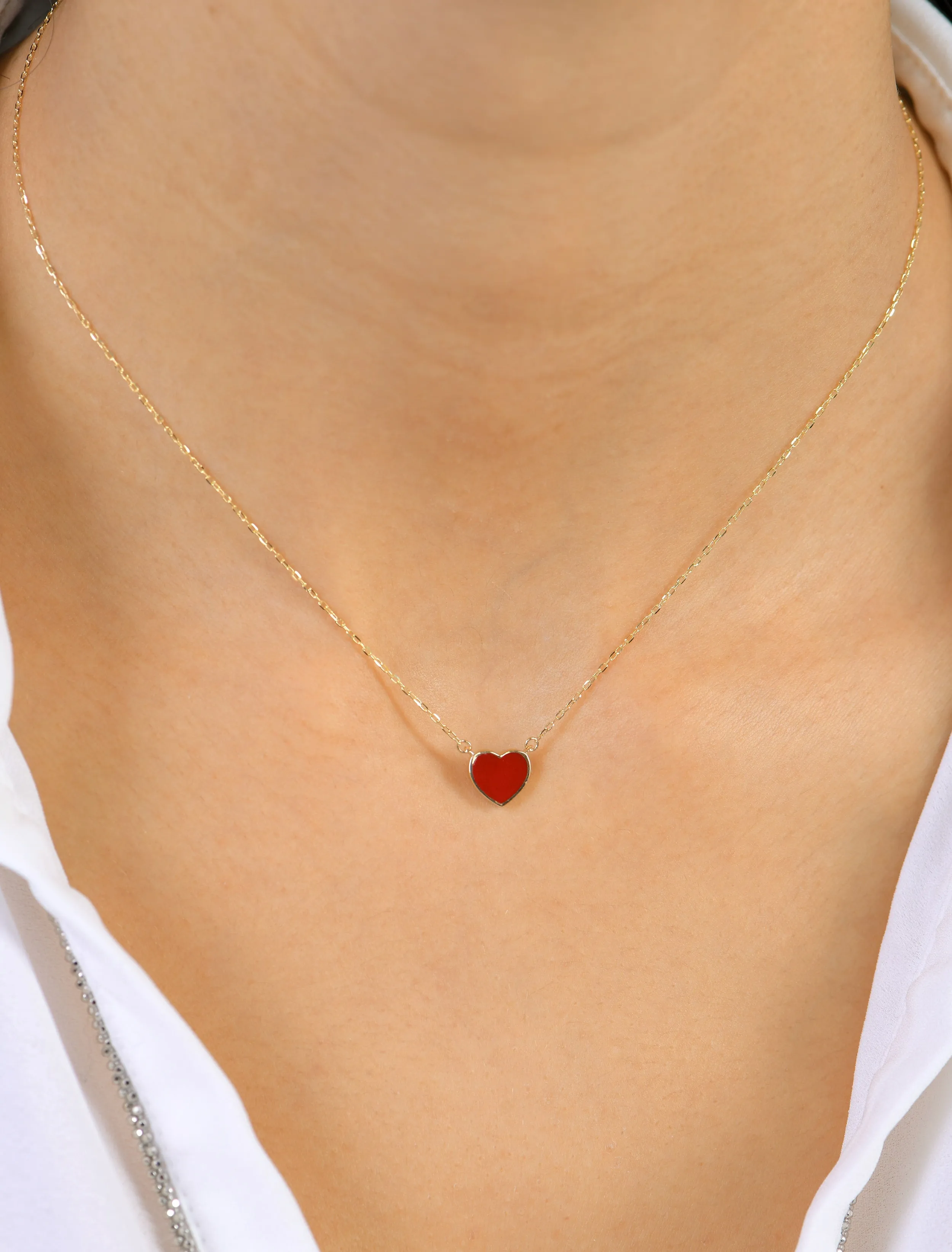 18K Gold Double-Sided Heart Necklace with Enamel & Zircon Gemstones