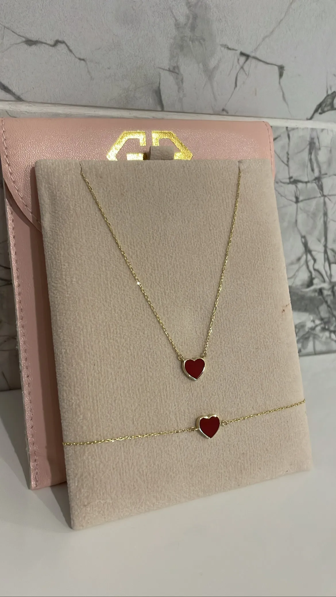 18K Gold Double-Sided Heart Necklace with Enamel & Zircon Gemstones