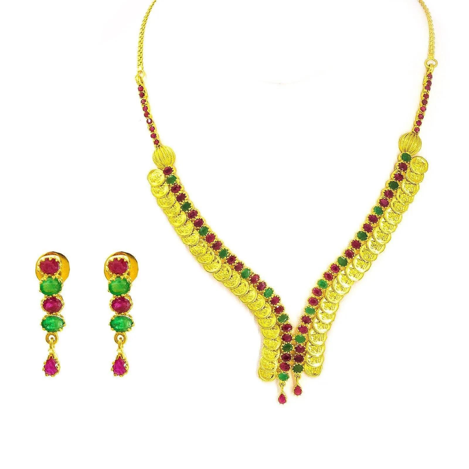 22K Yellow Gold Necklace & Earrings Set W/ V-Neck Collar of Laxmi Coins and Ruby & Emerald Gemstones