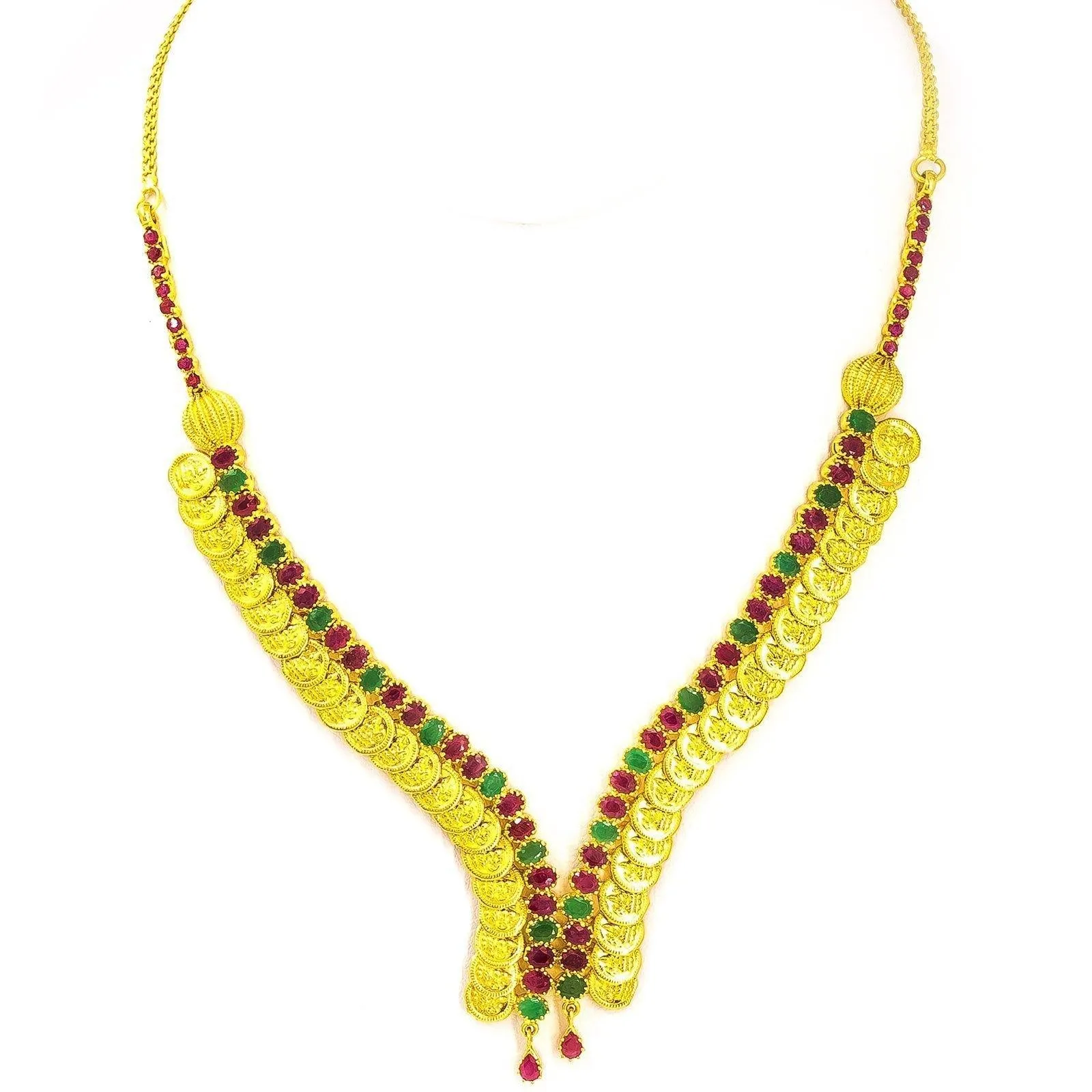 22K Yellow Gold Necklace & Earrings Set W/ V-Neck Collar of Laxmi Coins and Ruby & Emerald Gemstones