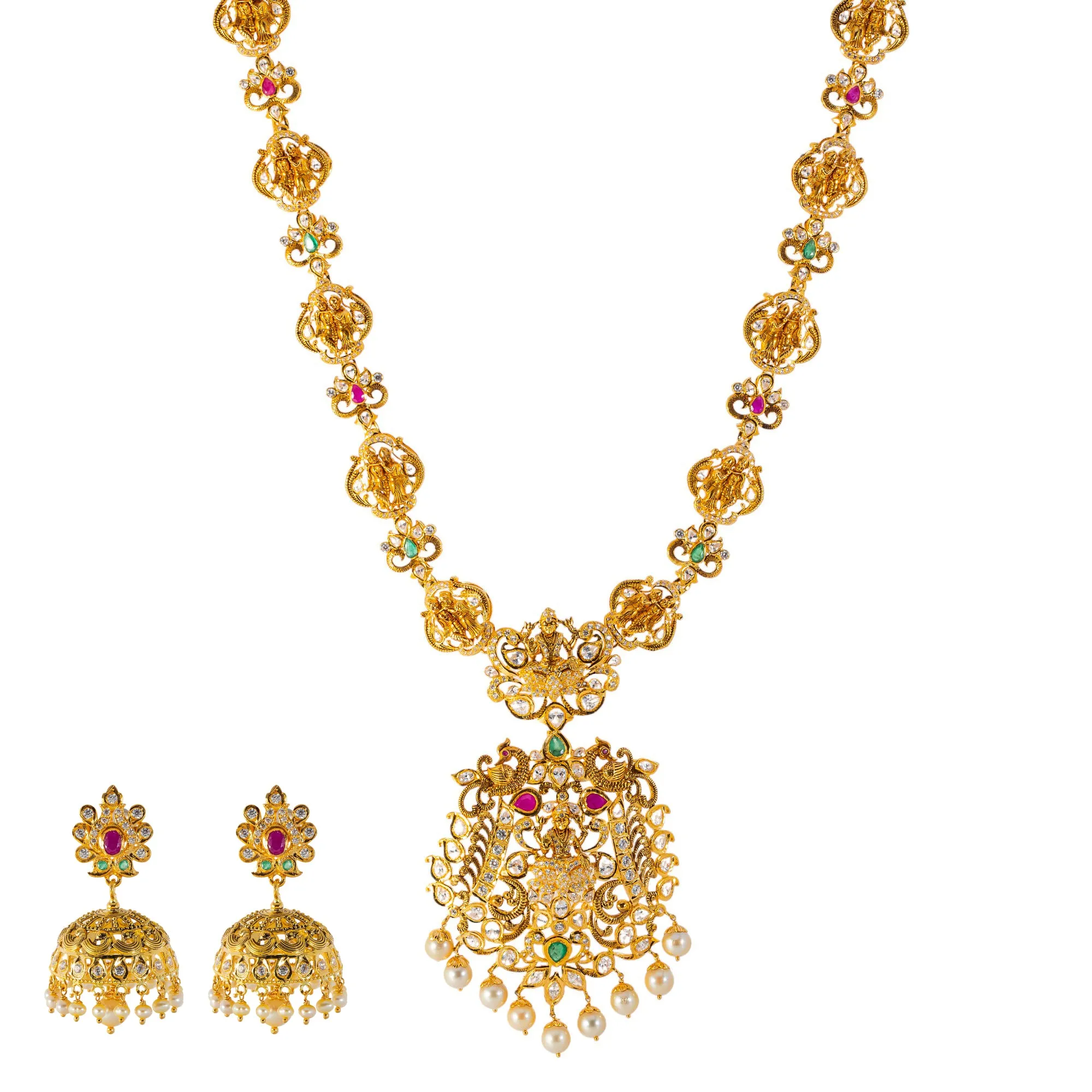 22k Yellow Gold Temple Necklace Set  w/ Gemstones & Pearls (136.7gm)