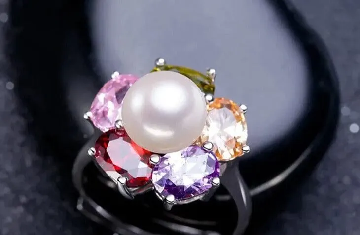 5 Gemstones and a Pearl Resizable Silver Ring