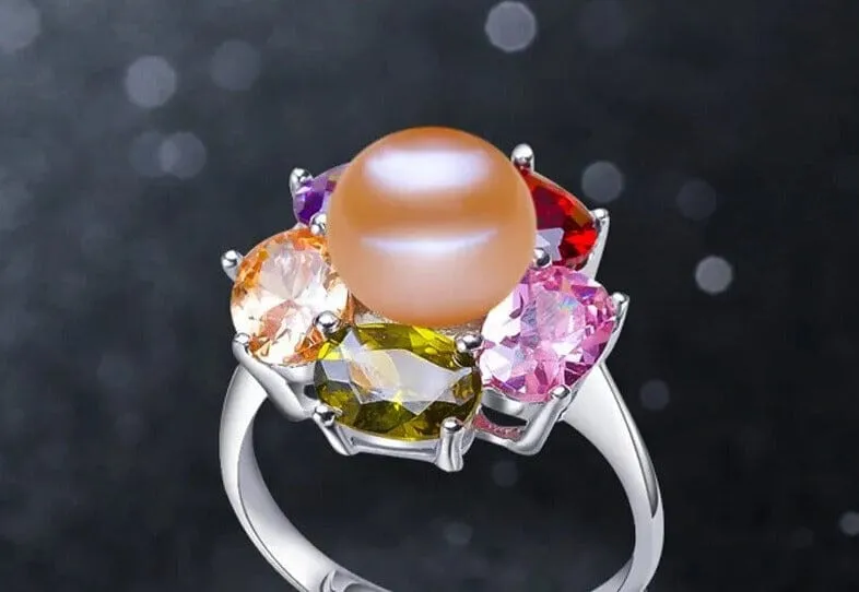 5 Gemstones and a Pearl Resizable Silver Ring