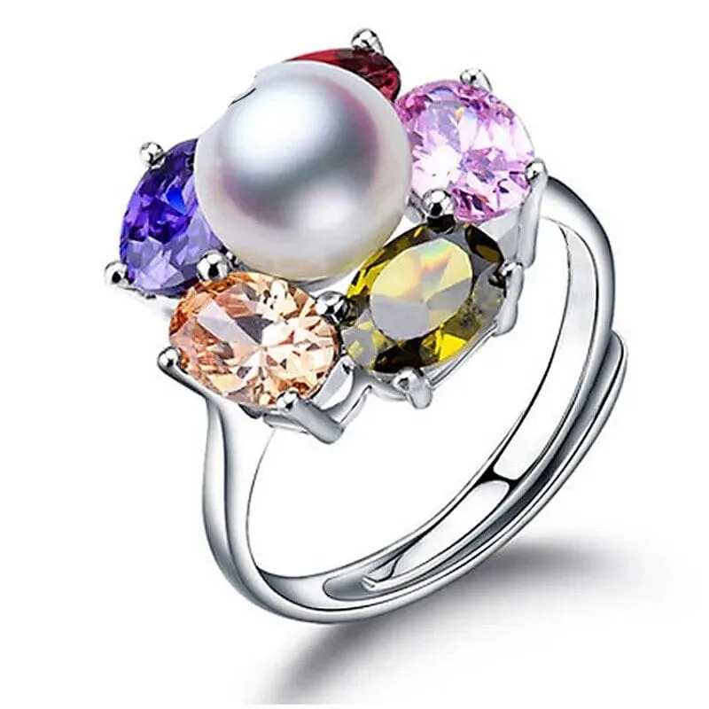 5 Gemstones and a Pearl Resizable Silver Ring