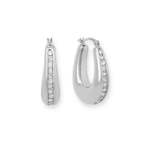 .925 Sterling Silver Hollow CZ Oblong Hoop Earrings