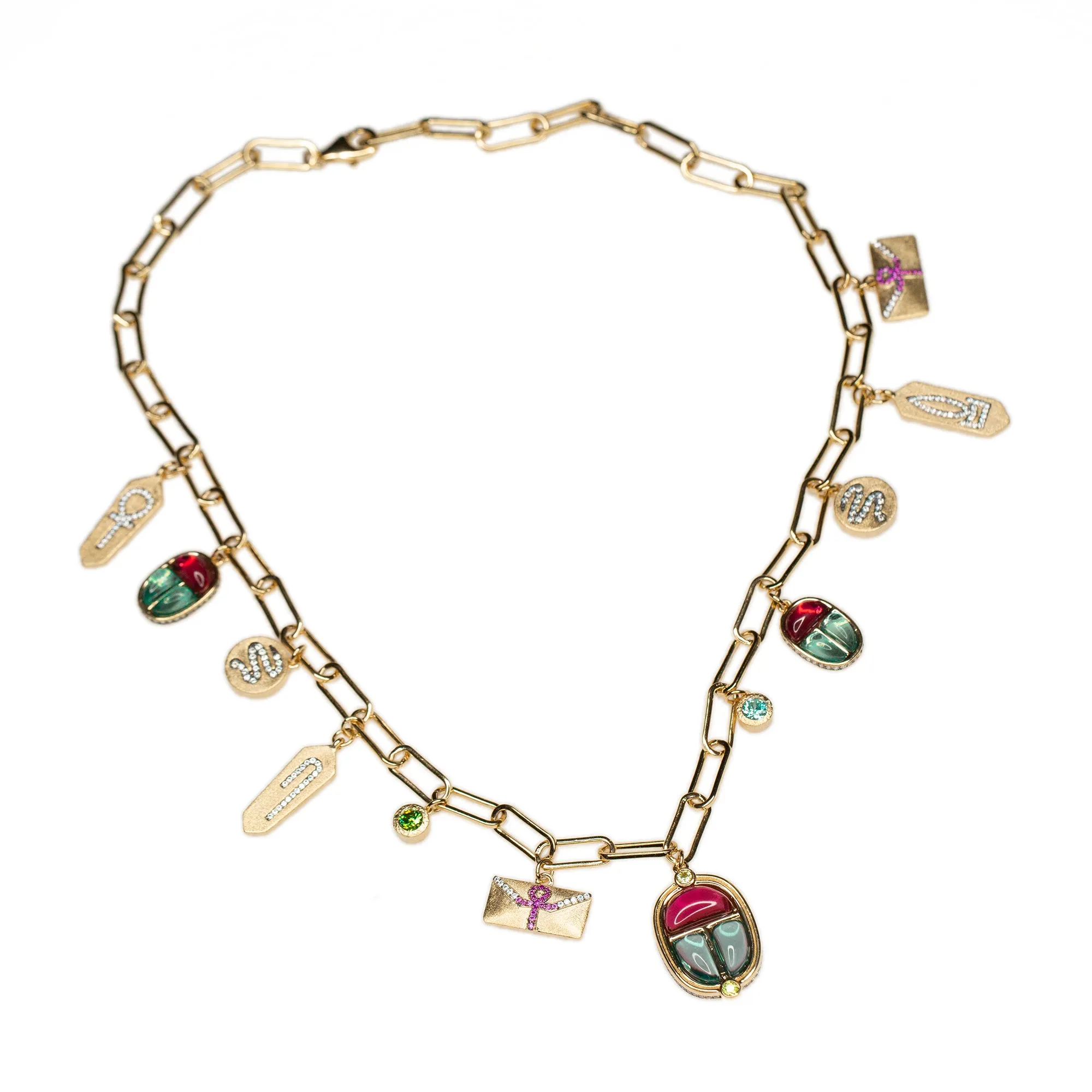 AMMANII The Queen's Scarab Necklace with Gemstones and Amulets in Vermeil Gold