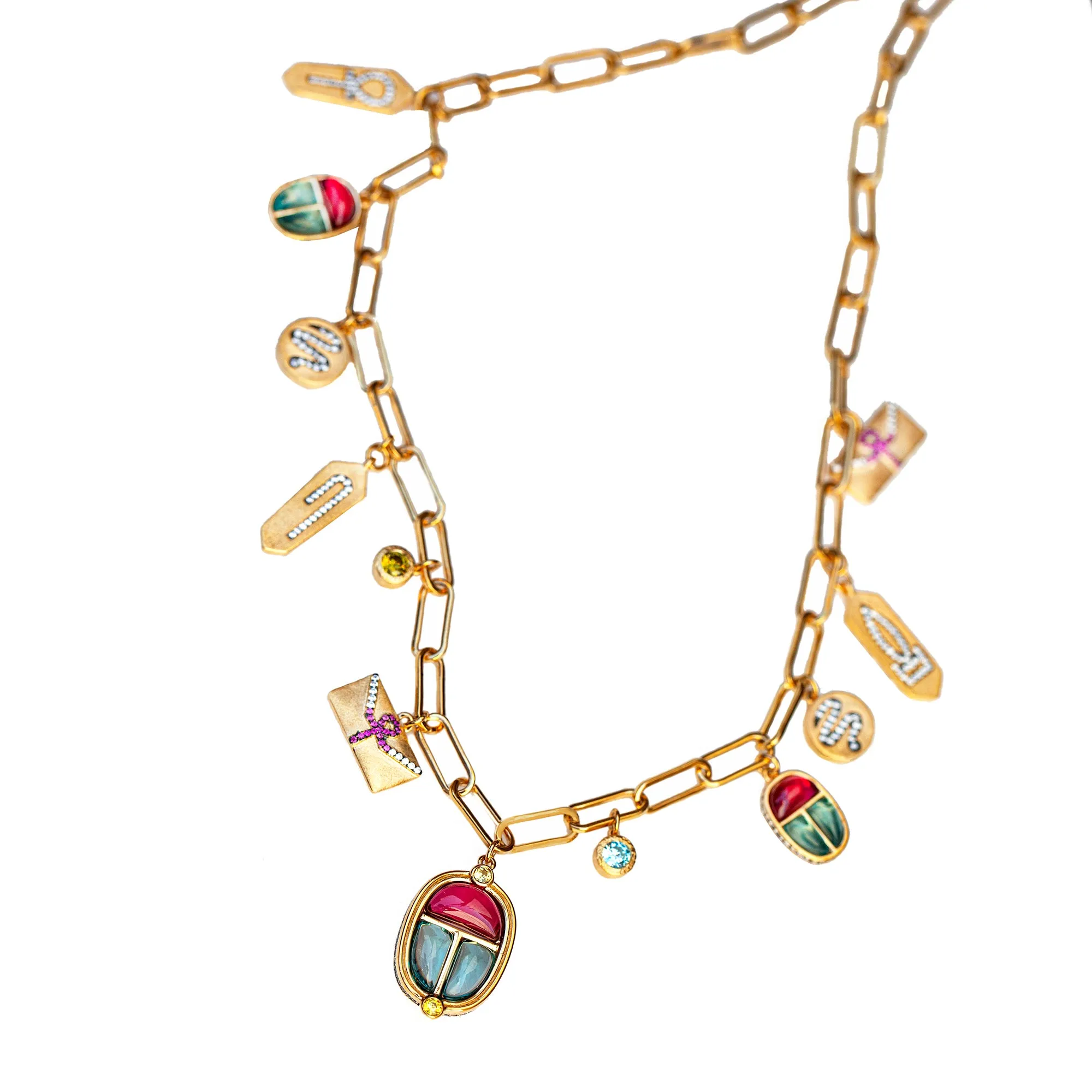 AMMANII The Queen's Scarab Necklace with Gemstones and Amulets in Vermeil Gold