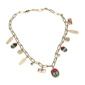 AMMANII The Queen's Scarab Necklace with Gemstones and Amulets in Vermeil Gold