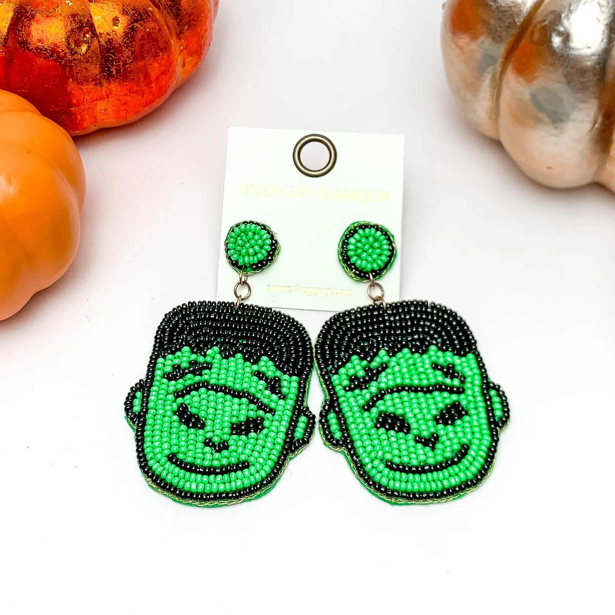 Beaded Frankenstein Earrings in Green, and Black