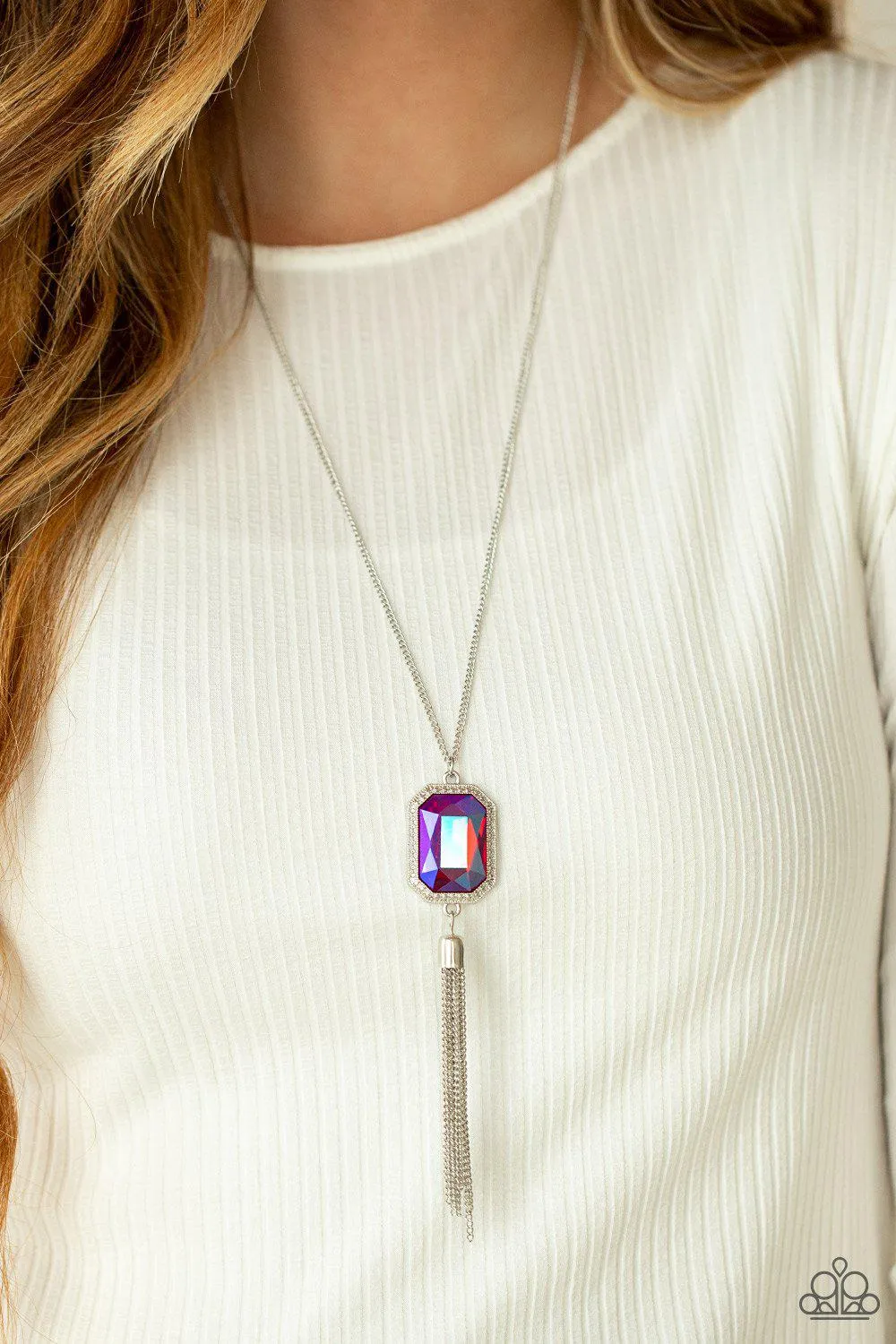 Blissed Out Opulence Pink Iridescent Gem Tassel Necklace - Paparazzi Accessories