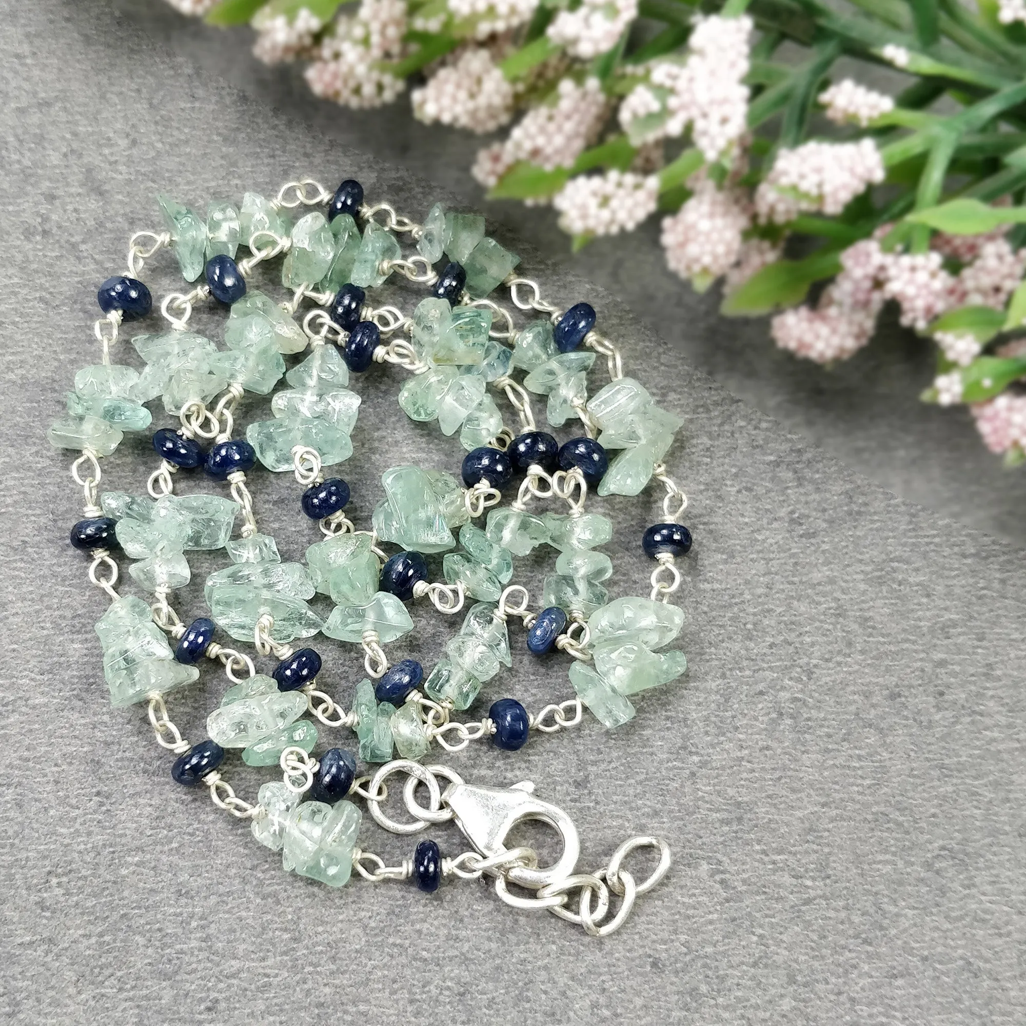 BLUE SAPPHIRE EMERALD Gemstones Raw Uncut Beads : Natural Emerald Blue Sapphire Sterling Silver Chain Necklace 16" Gift For Her