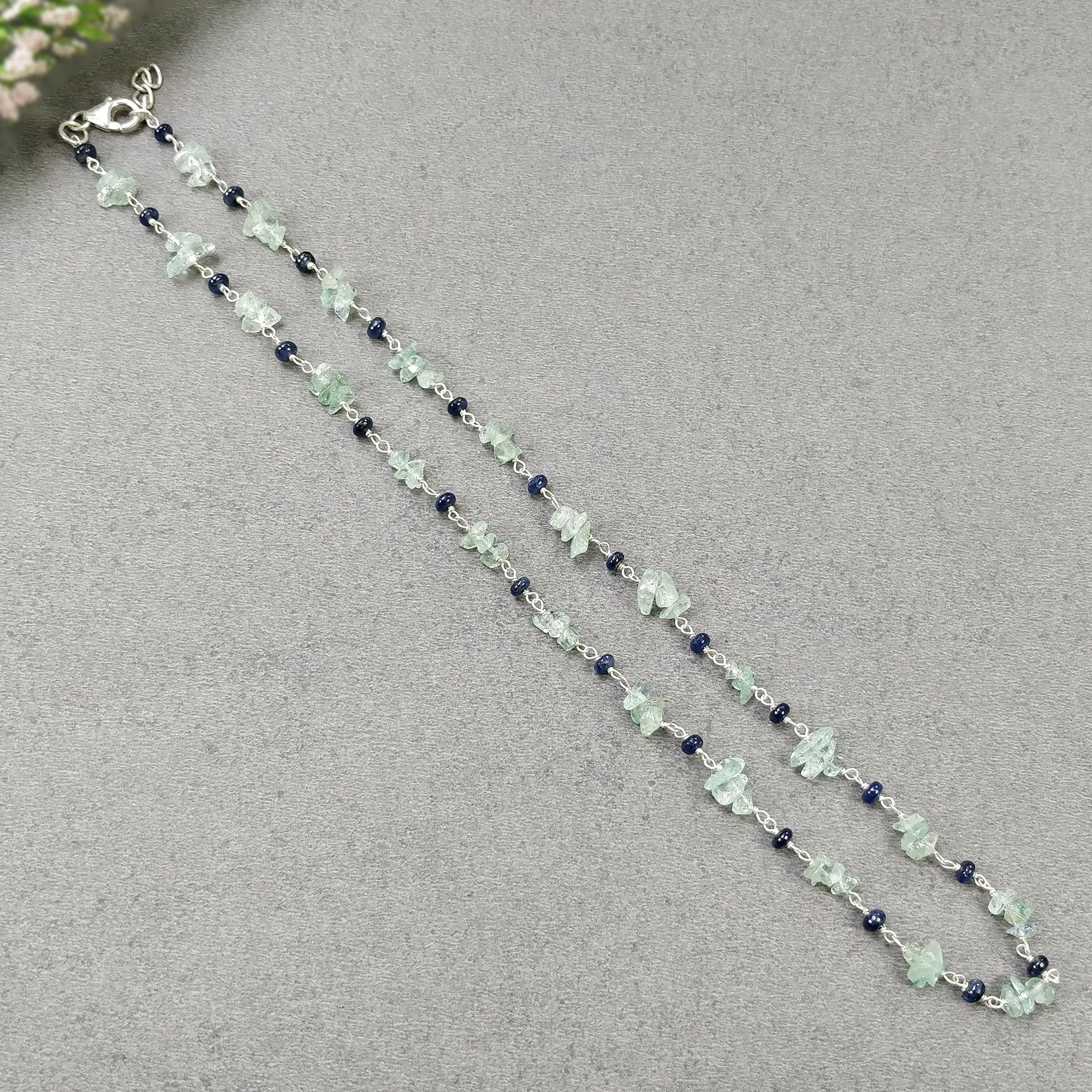 BLUE SAPPHIRE EMERALD Gemstones Raw Uncut Beads : Natural Emerald Blue Sapphire Sterling Silver Chain Necklace 16" Gift For Her