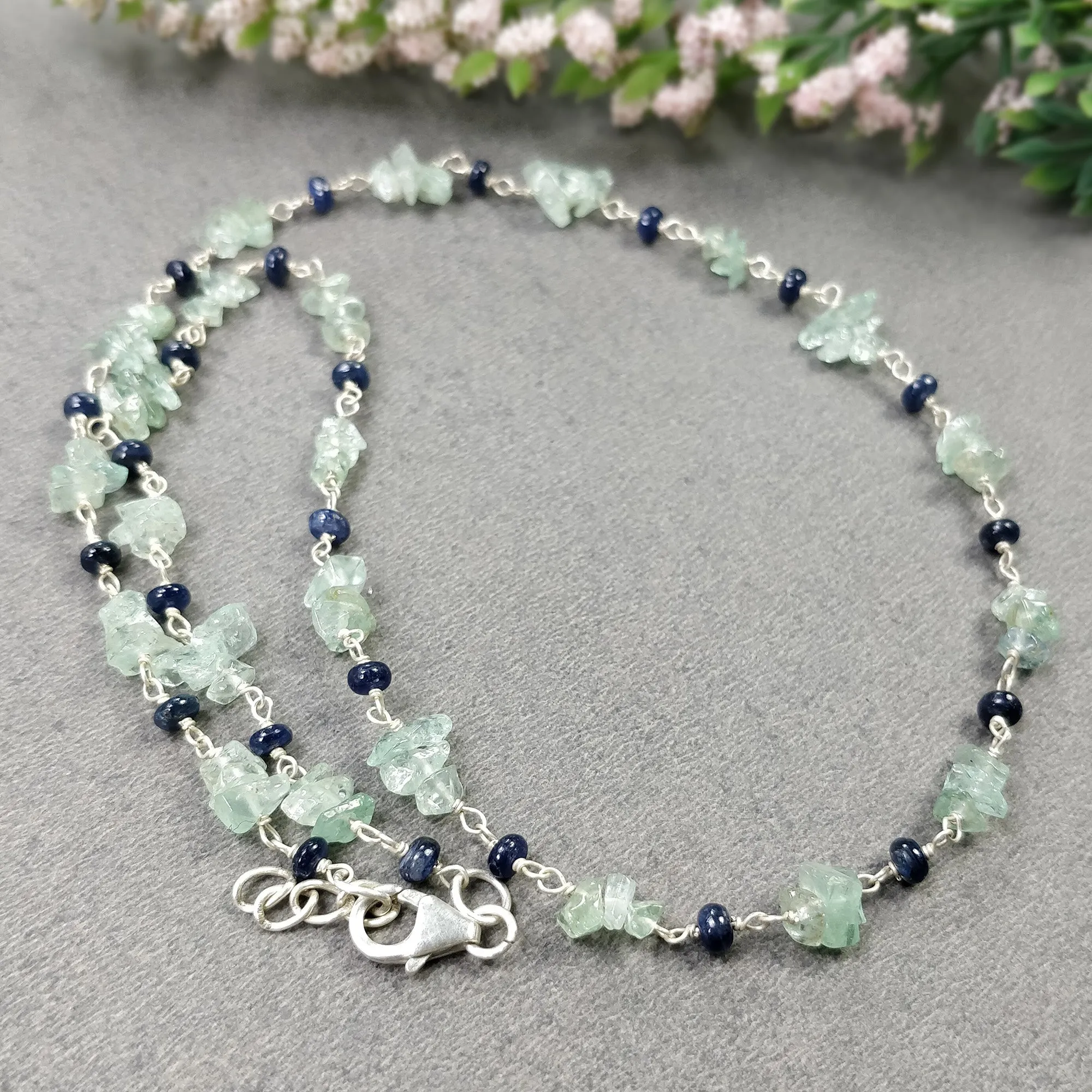 BLUE SAPPHIRE EMERALD Gemstones Raw Uncut Beads : Natural Emerald Blue Sapphire Sterling Silver Chain Necklace 16" Gift For Her