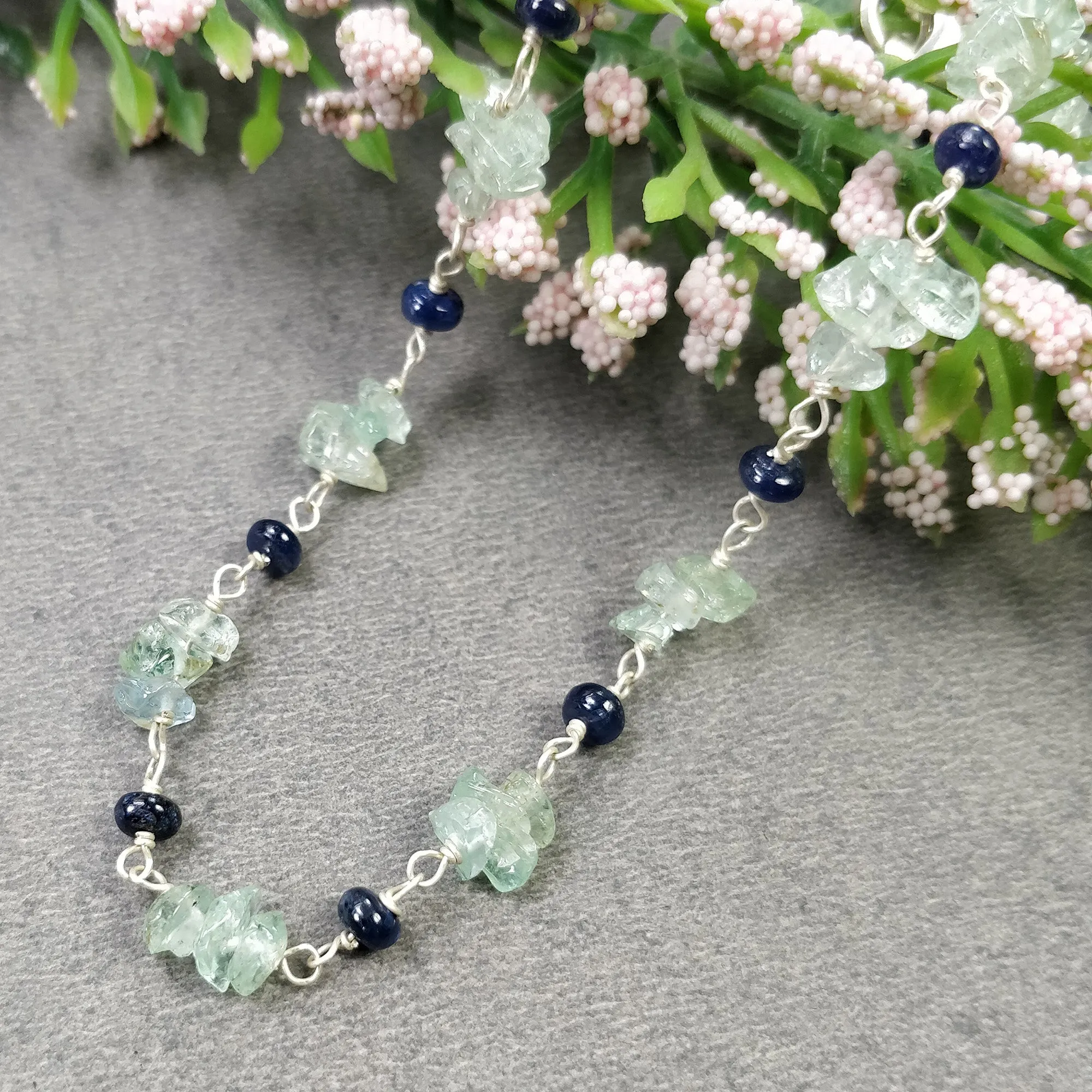 BLUE SAPPHIRE EMERALD Gemstones Raw Uncut Beads : Natural Emerald Blue Sapphire Sterling Silver Chain Necklace 16" Gift For Her