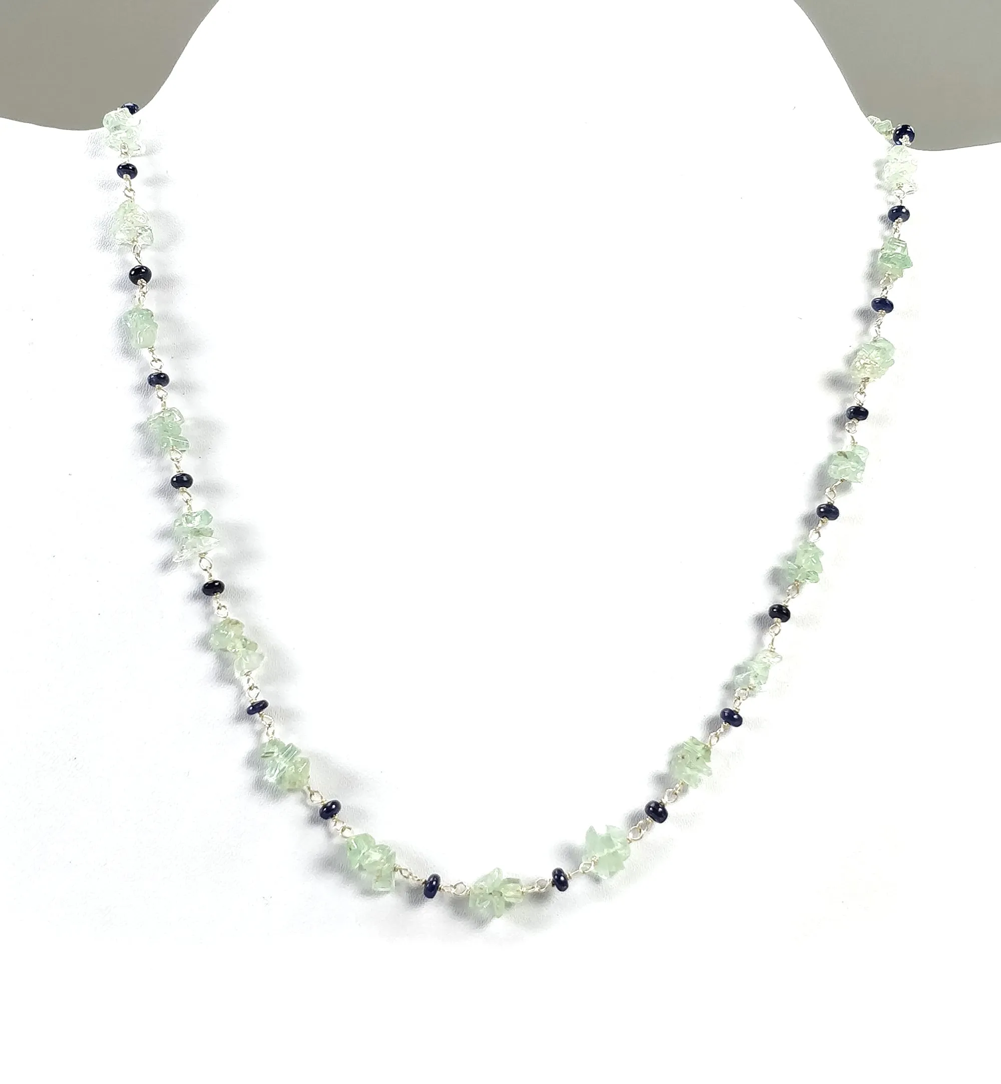 BLUE SAPPHIRE EMERALD Gemstones Raw Uncut Beads : Natural Emerald Blue Sapphire Sterling Silver Chain Necklace 16" Gift For Her