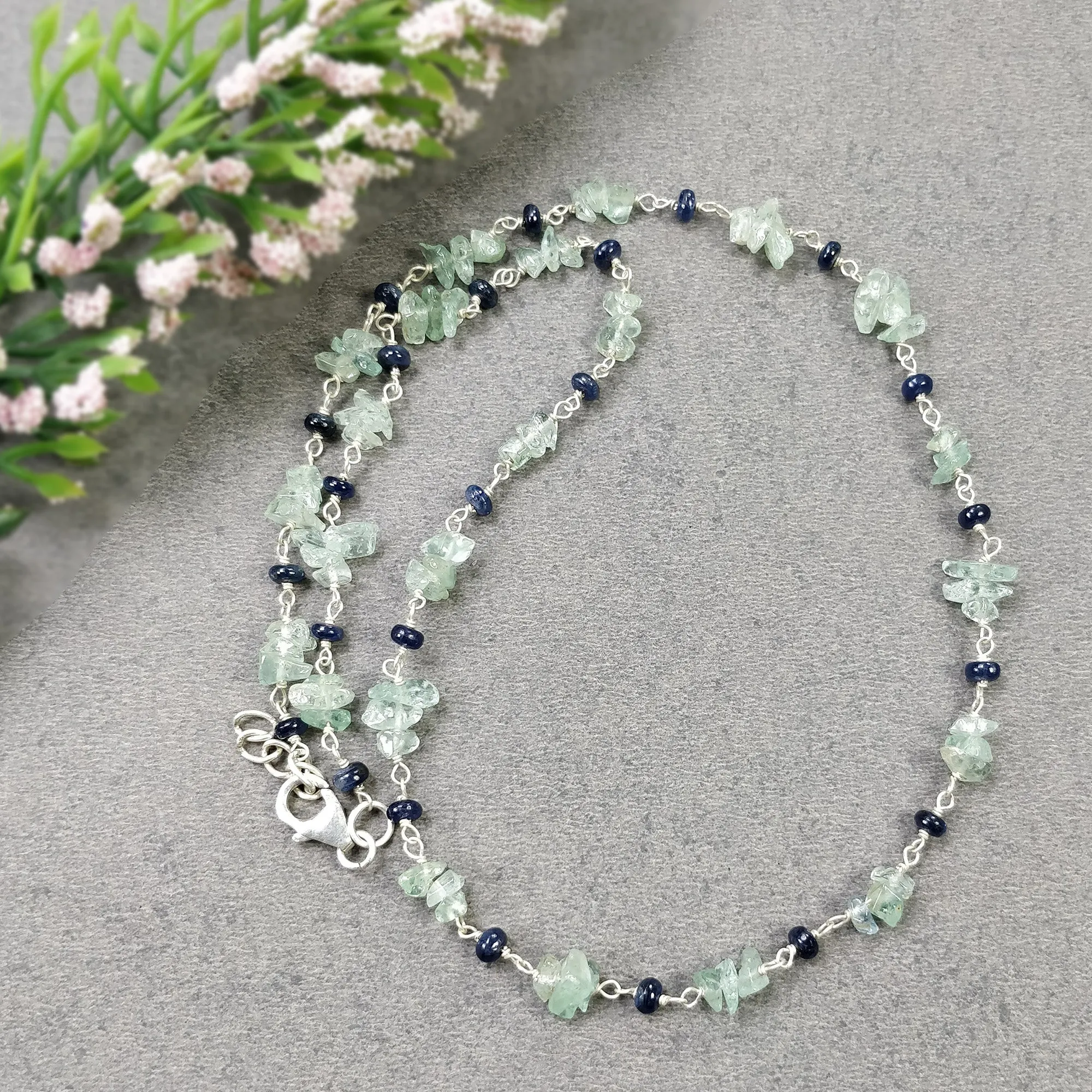 BLUE SAPPHIRE EMERALD Gemstones Raw Uncut Beads : Natural Emerald Blue Sapphire Sterling Silver Chain Necklace 16" Gift For Her