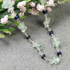 BLUE SAPPHIRE EMERALD Gemstones Raw Uncut Beads : Natural Emerald Blue Sapphire Sterling Silver Chain Necklace 16" Gift For Her