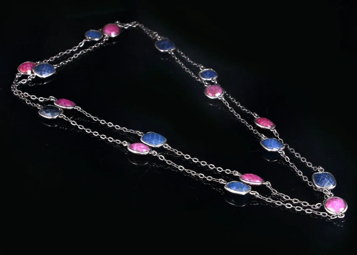 Blue SAPPHIRE Red RUBY Gemstones Chain Necklace : 925 Sterling Silver Natural Sapphire & Ruby Checker Cut 37" OXIDIZED Necklace