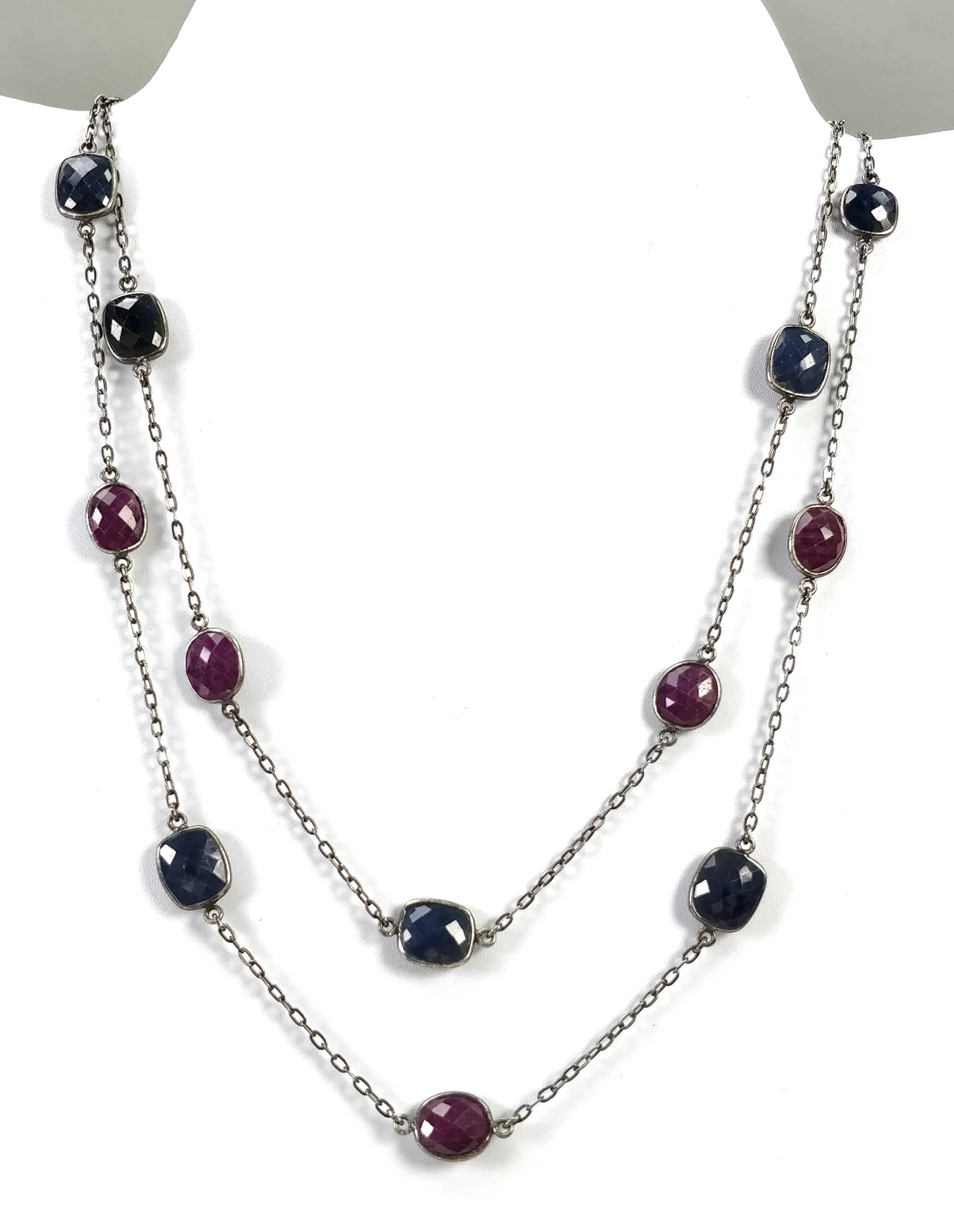 Blue SAPPHIRE Red RUBY Gemstones Chain Necklace : 925 Sterling Silver Natural Sapphire & Ruby Checker Cut 37" OXIDIZED Necklace