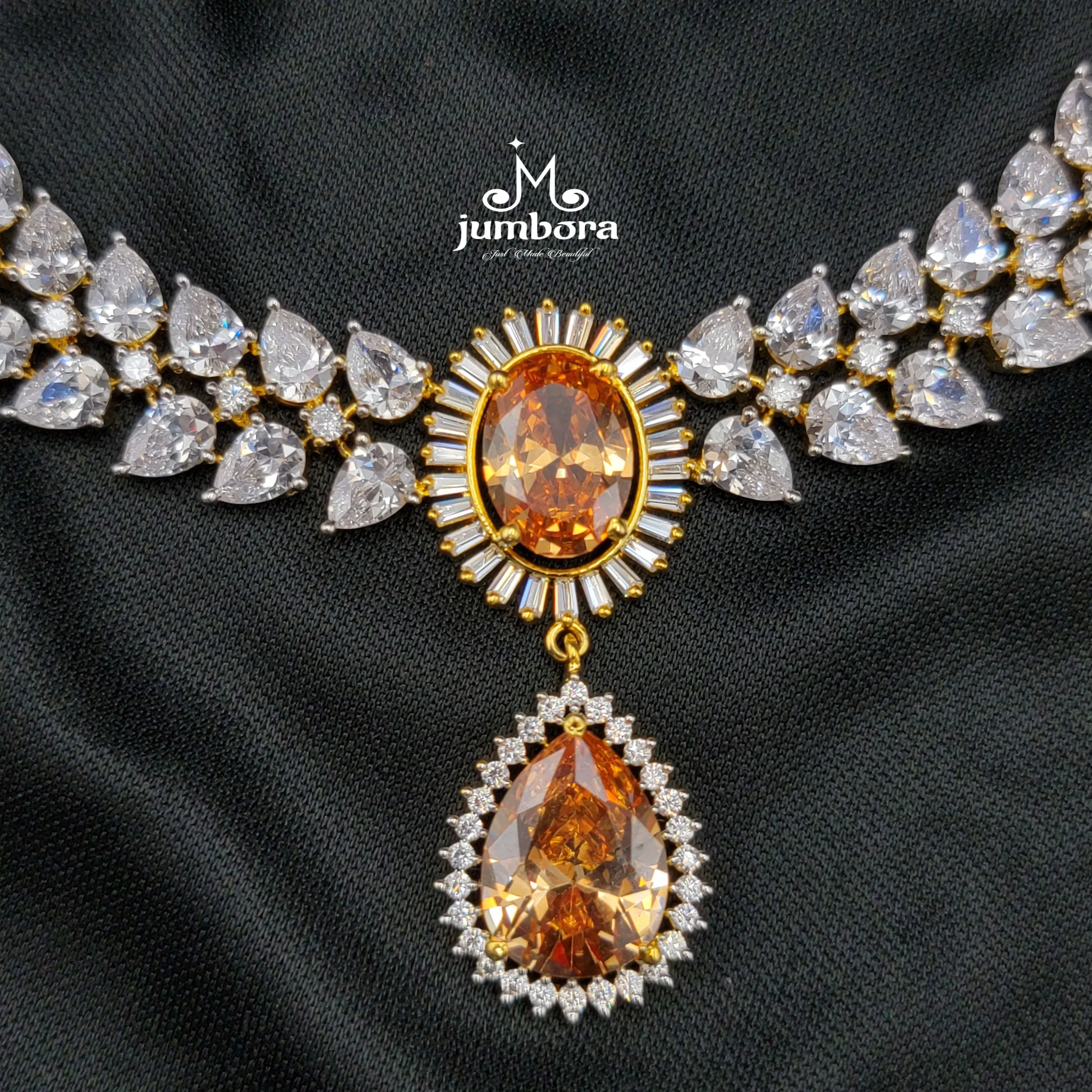 Champagne Color & White AD Zircon CZ Necklace Set