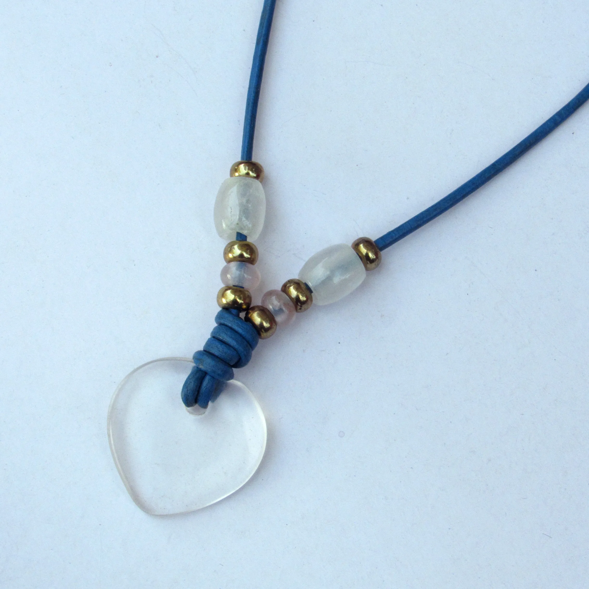 Clear Quartz & Rose Quartz gemstones with Brass on Blue Leather Necklace