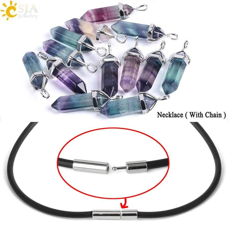 CSJA Fluorite Necklaces Crystal Pendants Suspension Natural Gem Stone Quartz Bullet Hexagonal Pendulum Reiki Chakra pendulo E546