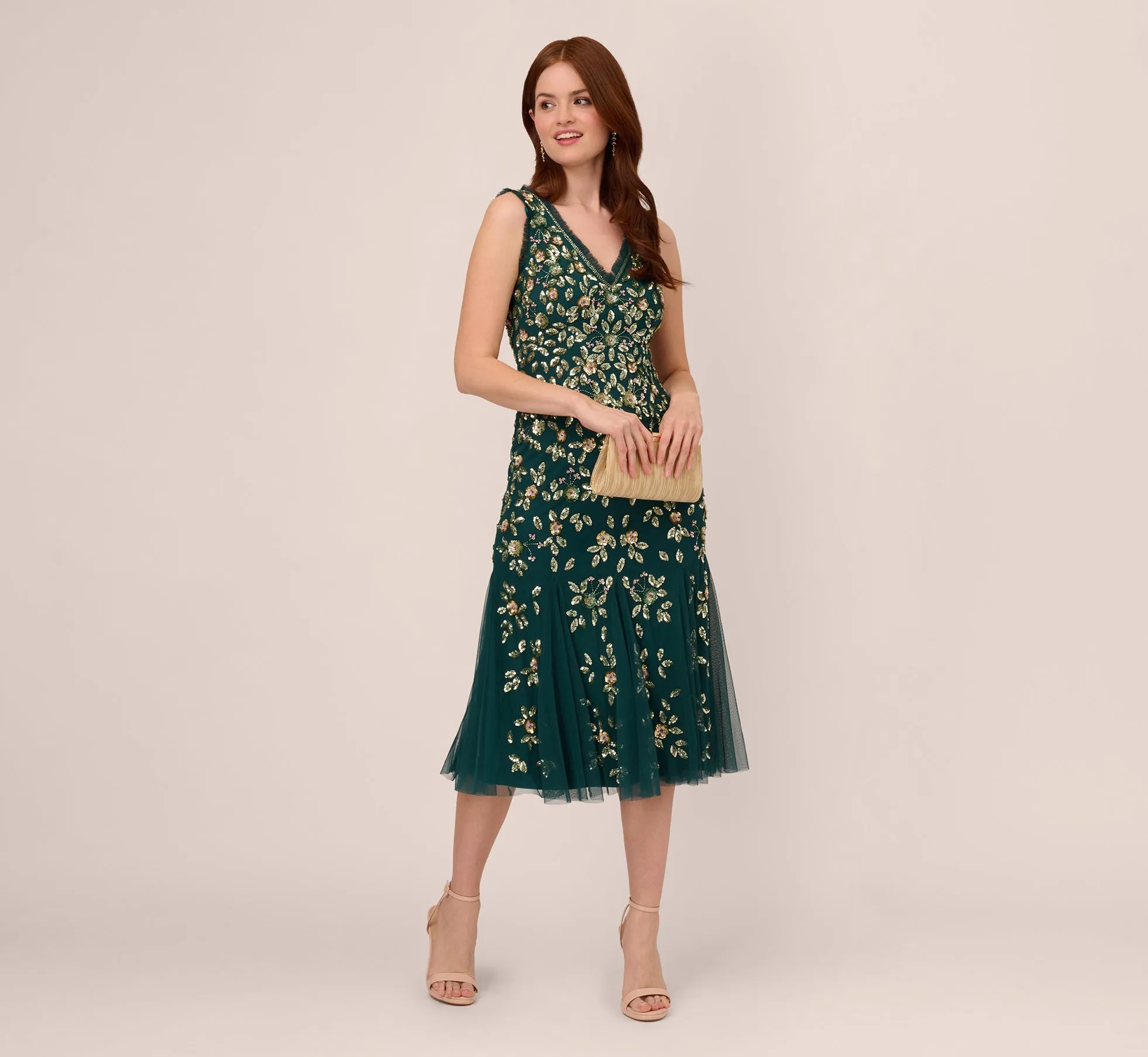 Floral Beaded Midi Dress With Godet Skirt In Gem Green