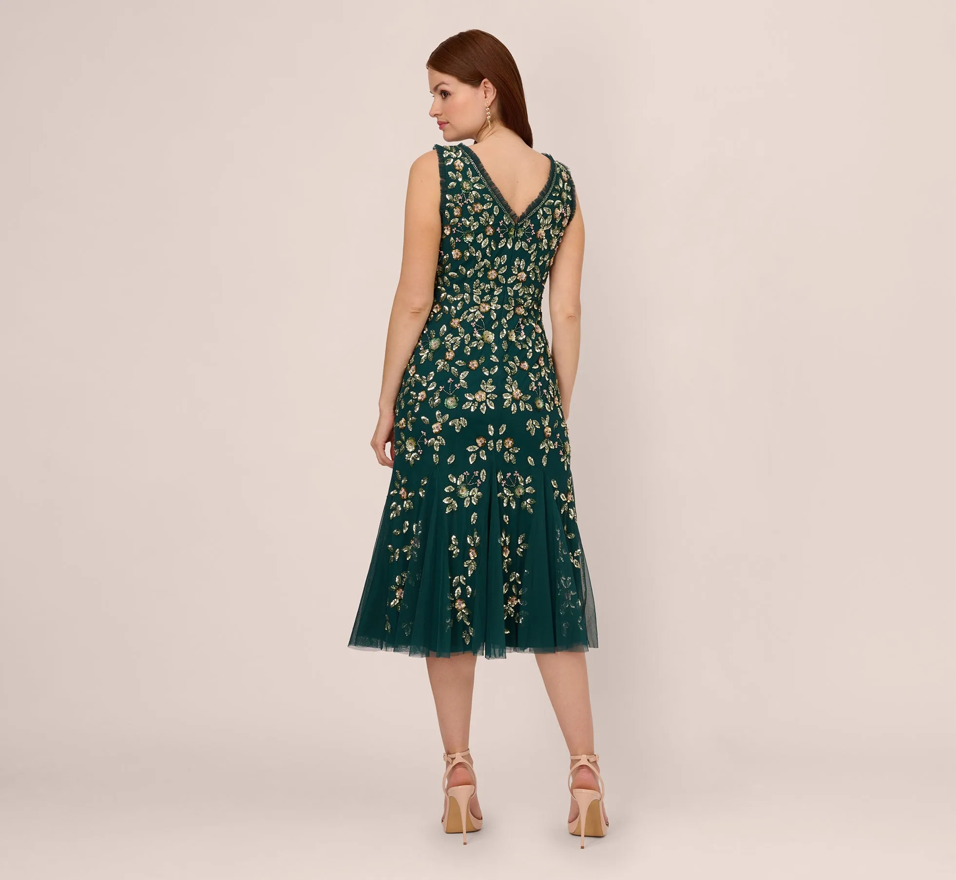 Floral Beaded Midi Dress With Godet Skirt In Gem Green