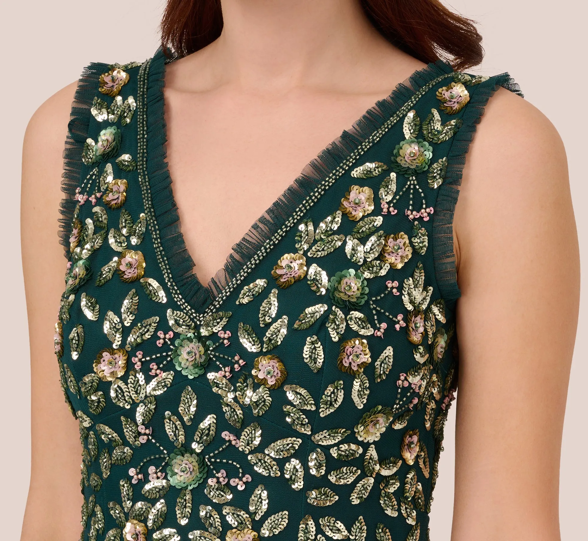 Floral Beaded Midi Dress With Godet Skirt In Gem Green