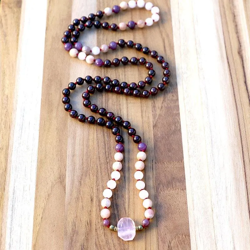 Garnet and Love Gemstones Hand Knotted Mala Necklace