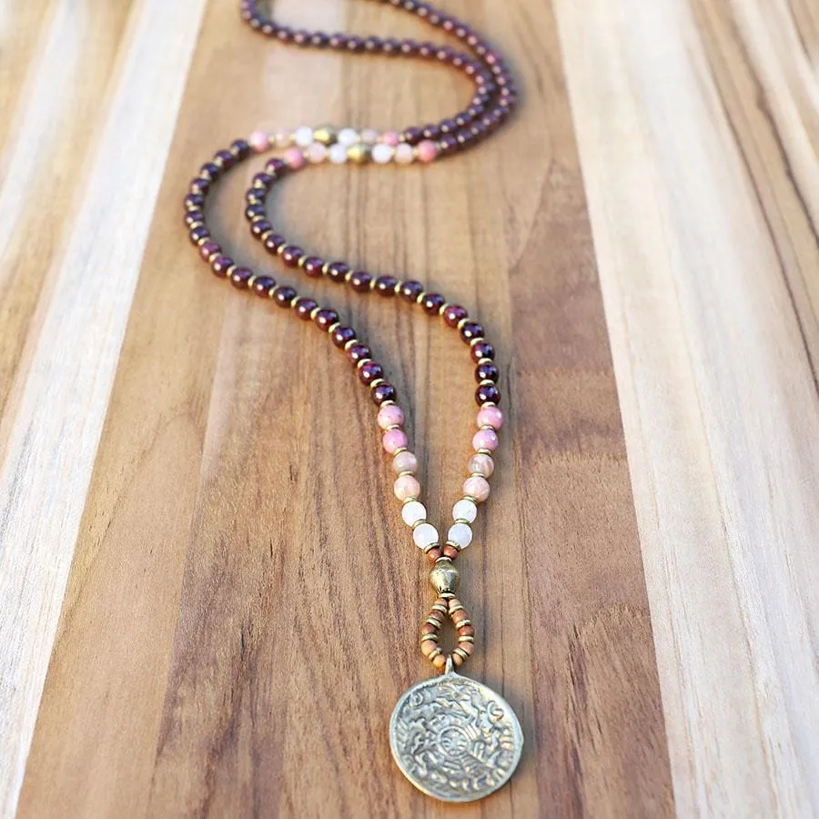 Garnet and Love Gemstones Mala Necklace with Tibetan Calendar Pendant