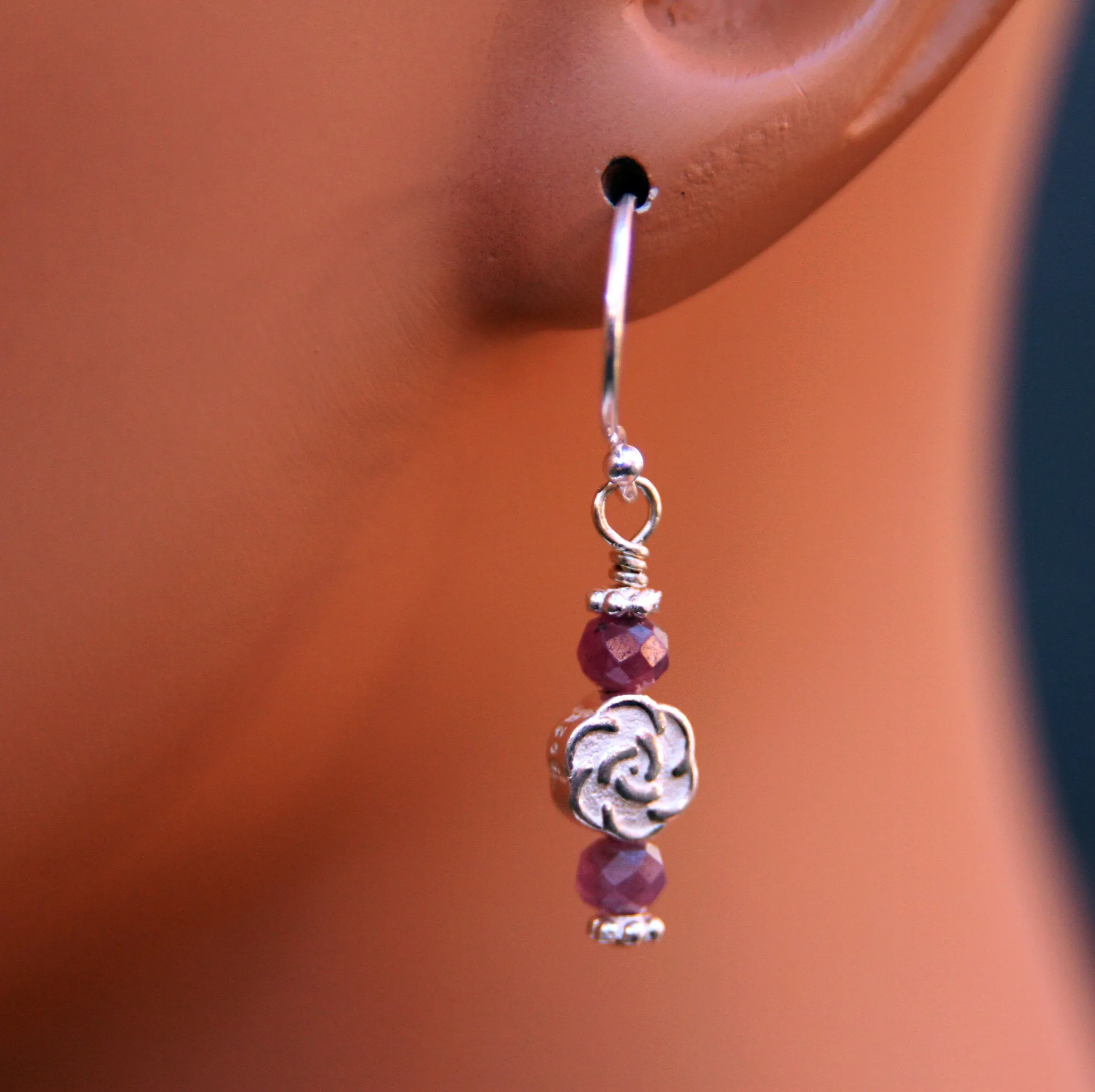 Genuine Ruby gemstones and Sterling Silver flower Earrings