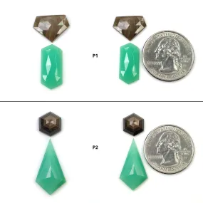 Green CHRYSOPRASE & Chocolate SAPPHIRE Gemstones Rose Step Cut : Natural Untreated Chrysoprase Uneven Hexagon Shape 2pcs