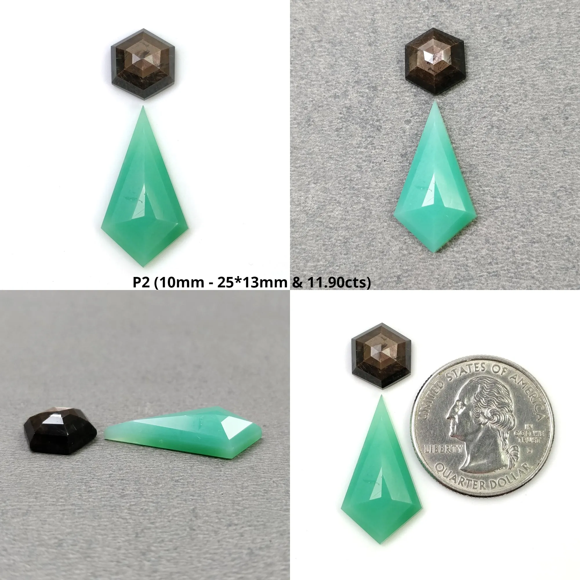 Green CHRYSOPRASE & Chocolate SAPPHIRE Gemstones Rose Step Cut : Natural Untreated Chrysoprase Uneven Hexagon Shape 2pcs