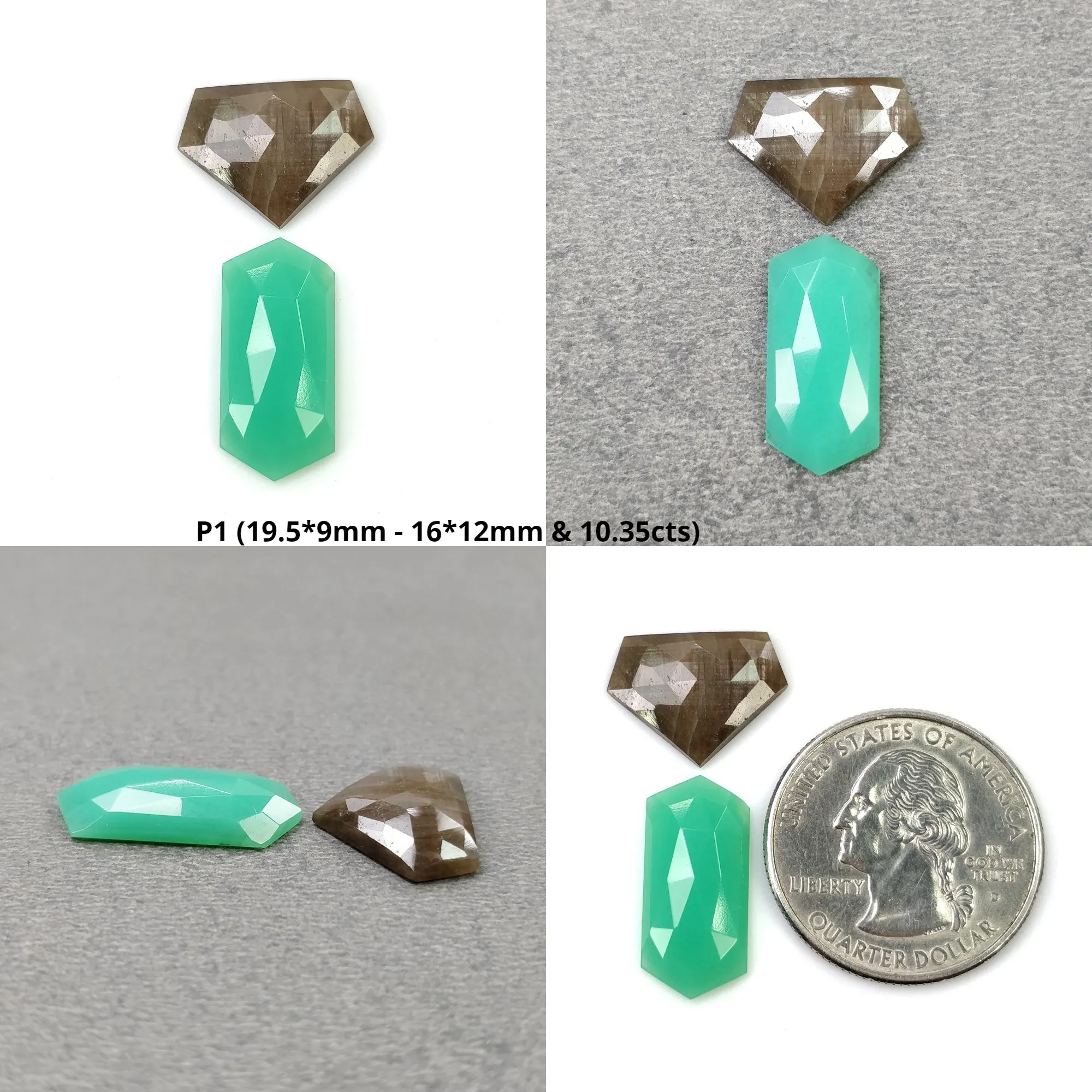 Green CHRYSOPRASE & Chocolate SAPPHIRE Gemstones Rose Step Cut : Natural Untreated Chrysoprase Uneven Hexagon Shape 2pcs