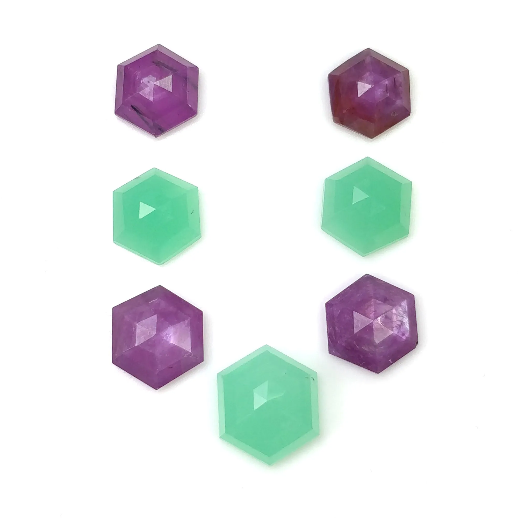 Green CHRYSOPRASE & Raspberry SAPPHIRE Gemstones Step Cut : 19.53cts Natural Untreated Hexagon Shape 9*8mm - 12*10mm 7pcs