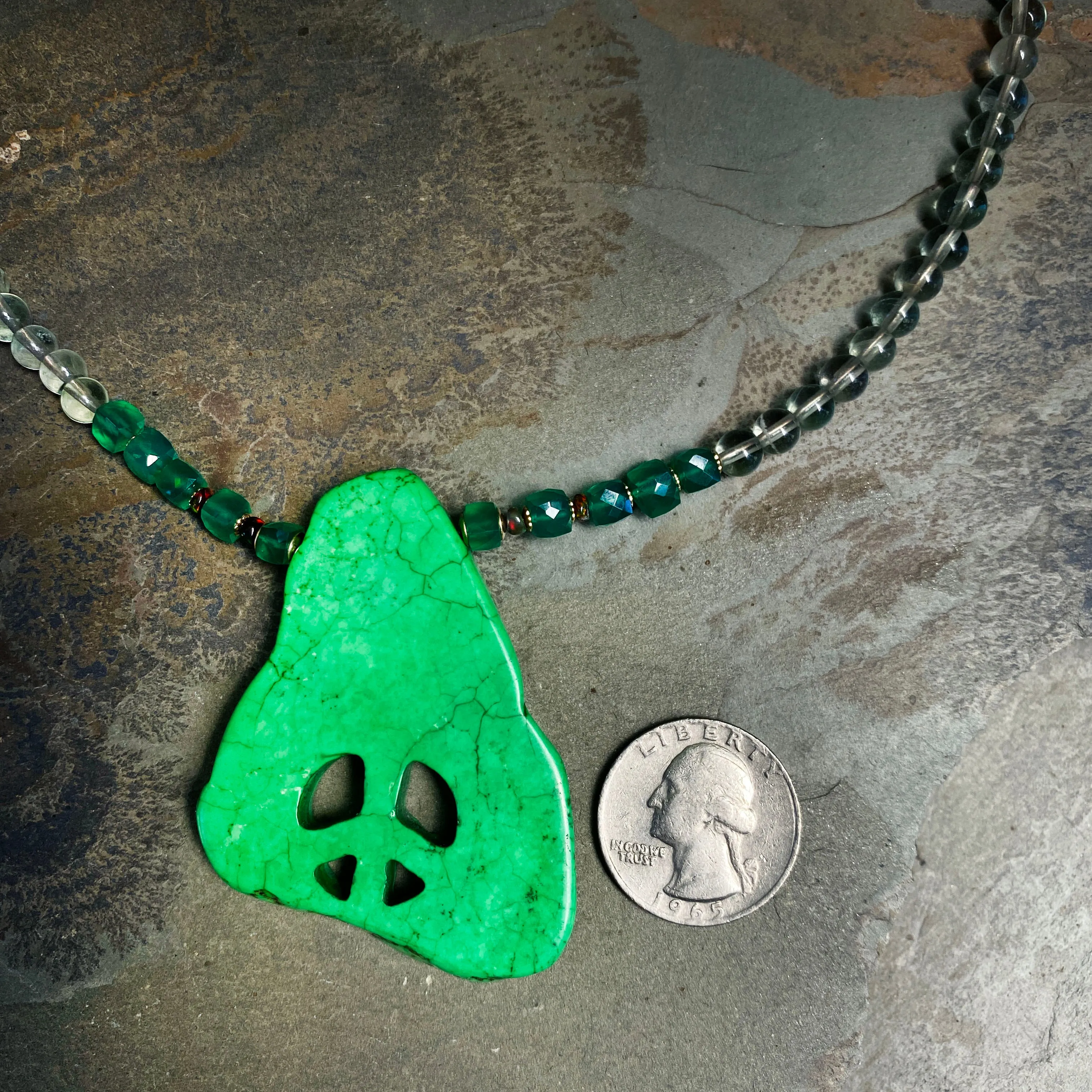 Green Howlite Peace Pendant, Green Onyx, Black Opals and Fluorite Gemstones