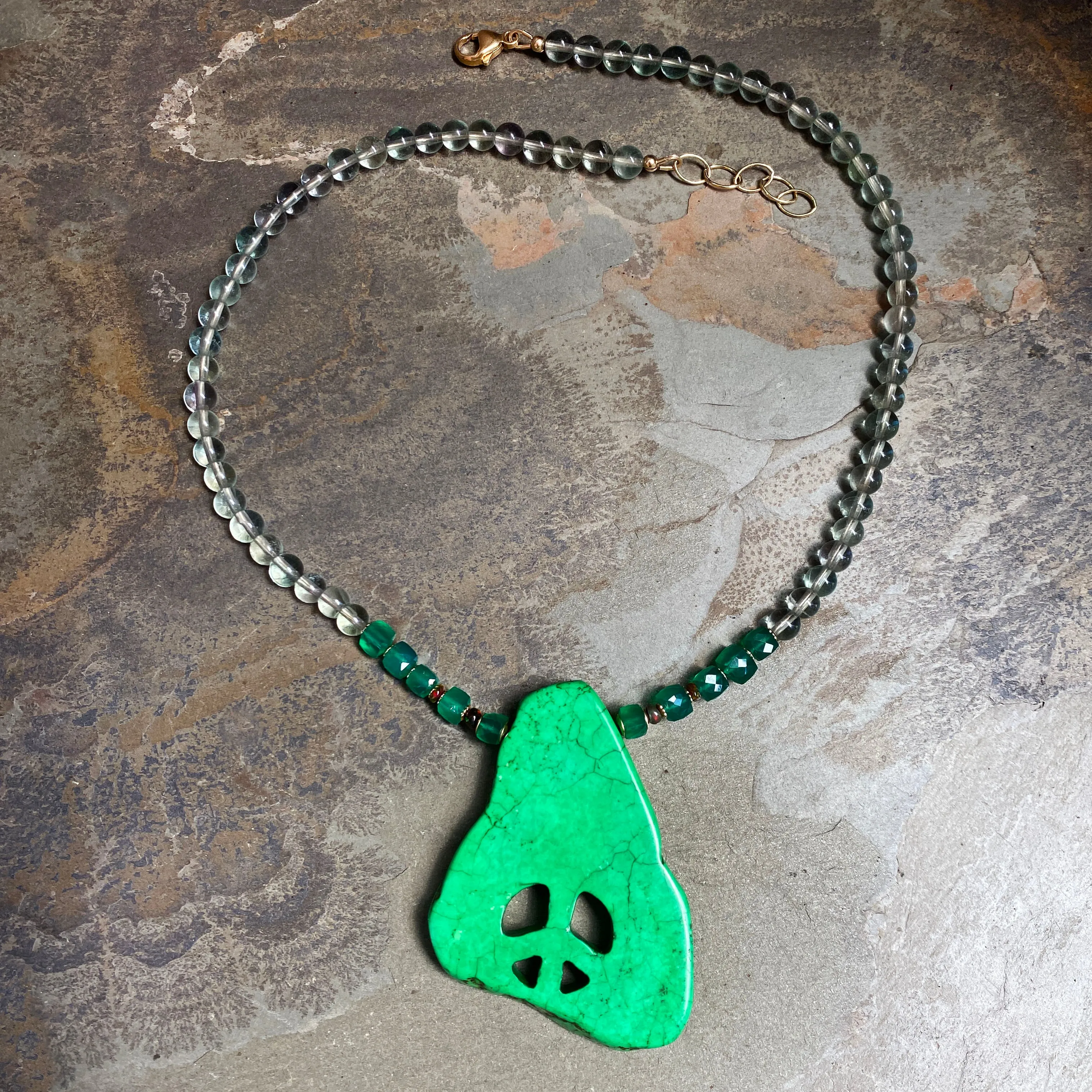 Green Howlite Peace Pendant, Green Onyx, Black Opals and Fluorite Gemstones