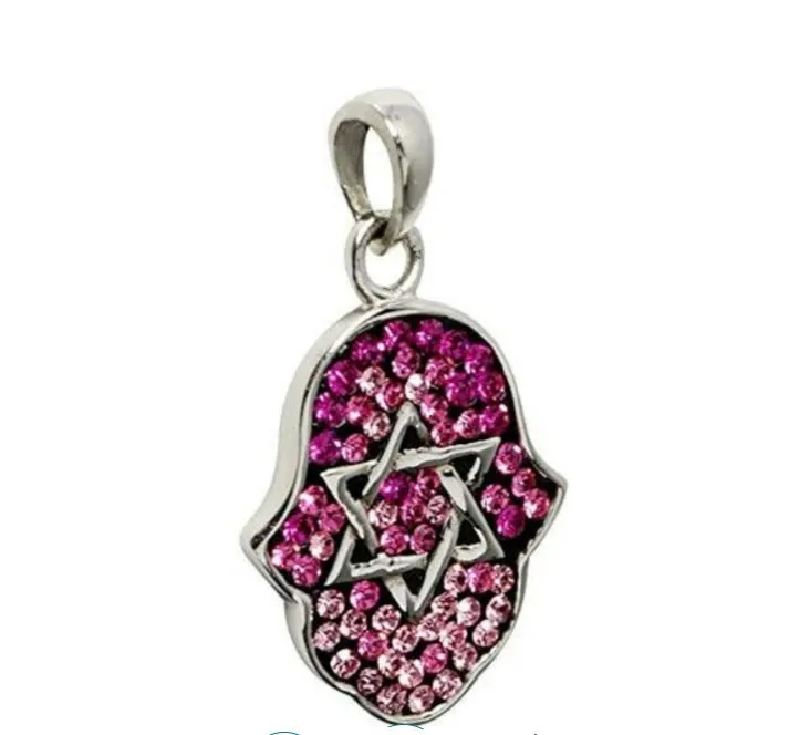 Hamsa Pendant in Sterling Silver With Mix Colors Crystals Gemstones   Necklace