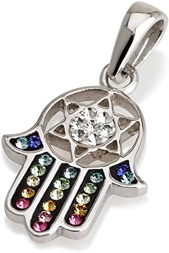 Hamsa Pendant in Sterling Silver With Mix Colors Crystals Gemstones   Necklace