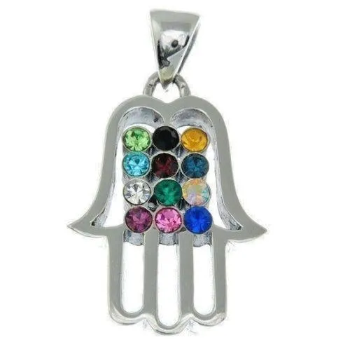 Hamsa Silver Pendant Multi Colors Gemstones   925 Sterling Silver Chain #54