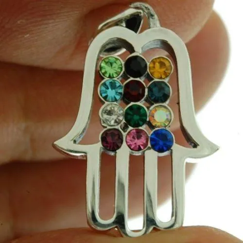 Hamsa Silver Pendant Multi Colors Gemstones   925 Sterling Silver Chain #54