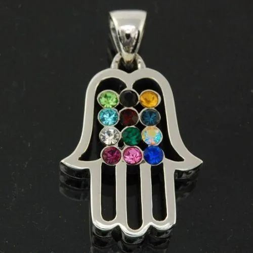 Hamsa Silver Pendant Multi Colors Gemstones   925 Sterling Silver Chain #54