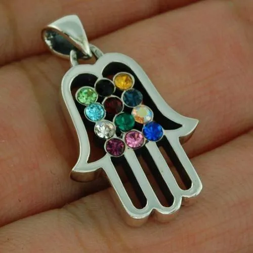 Hamsa Silver Pendant Multi Colors Gemstones   925 Sterling Silver Chain #54