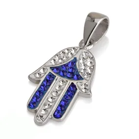 Hamsa Silver Pendant White and Blue Gemstones   925 Sterling Silver Chain #39