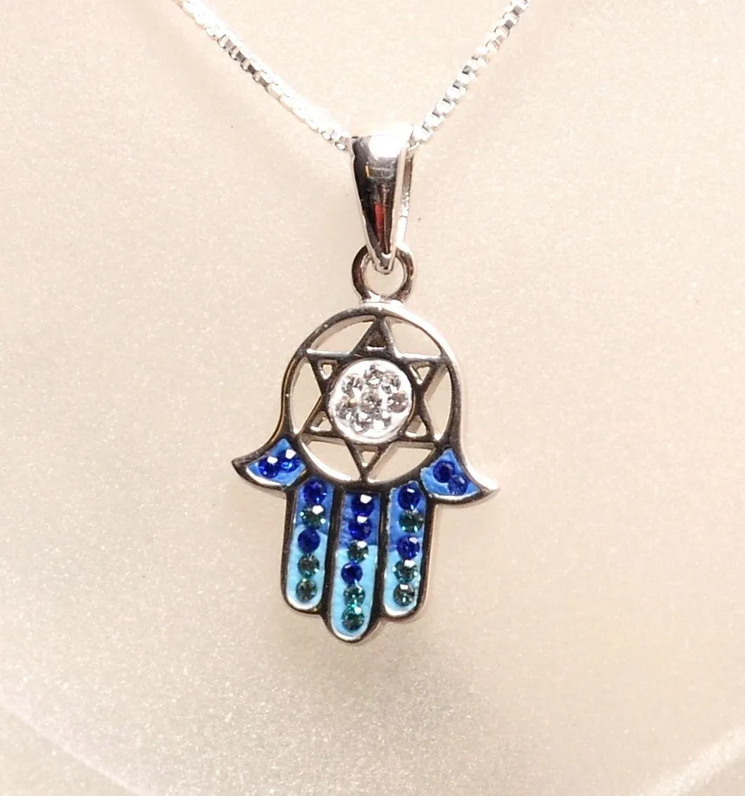 Hamsa Silver Pendant With Blue Gemstones   925 Sterling Silver Chain #20