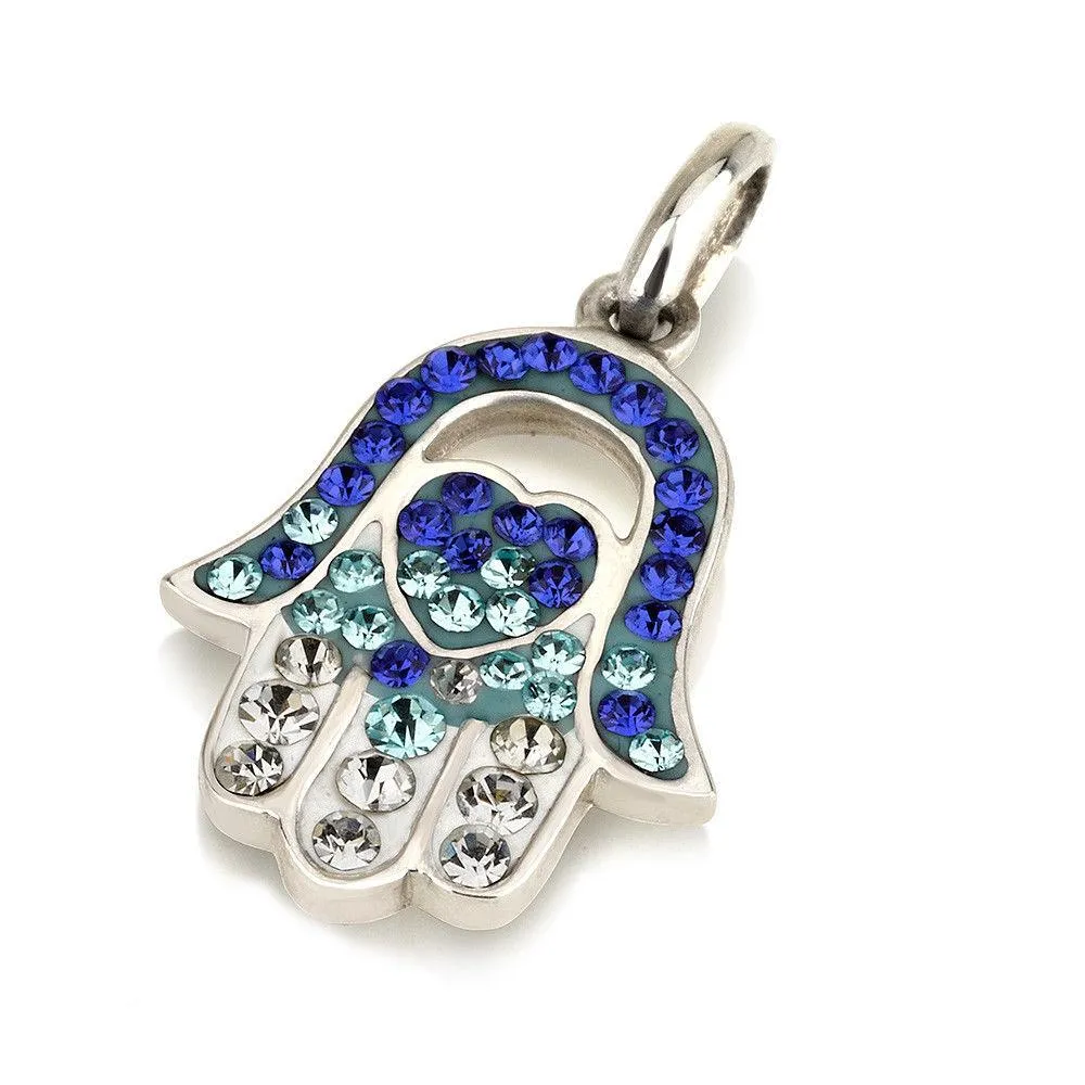 Hamsa Silver Pendant With Multi Blue Gemstones   925 Sterling Silver Chain #47