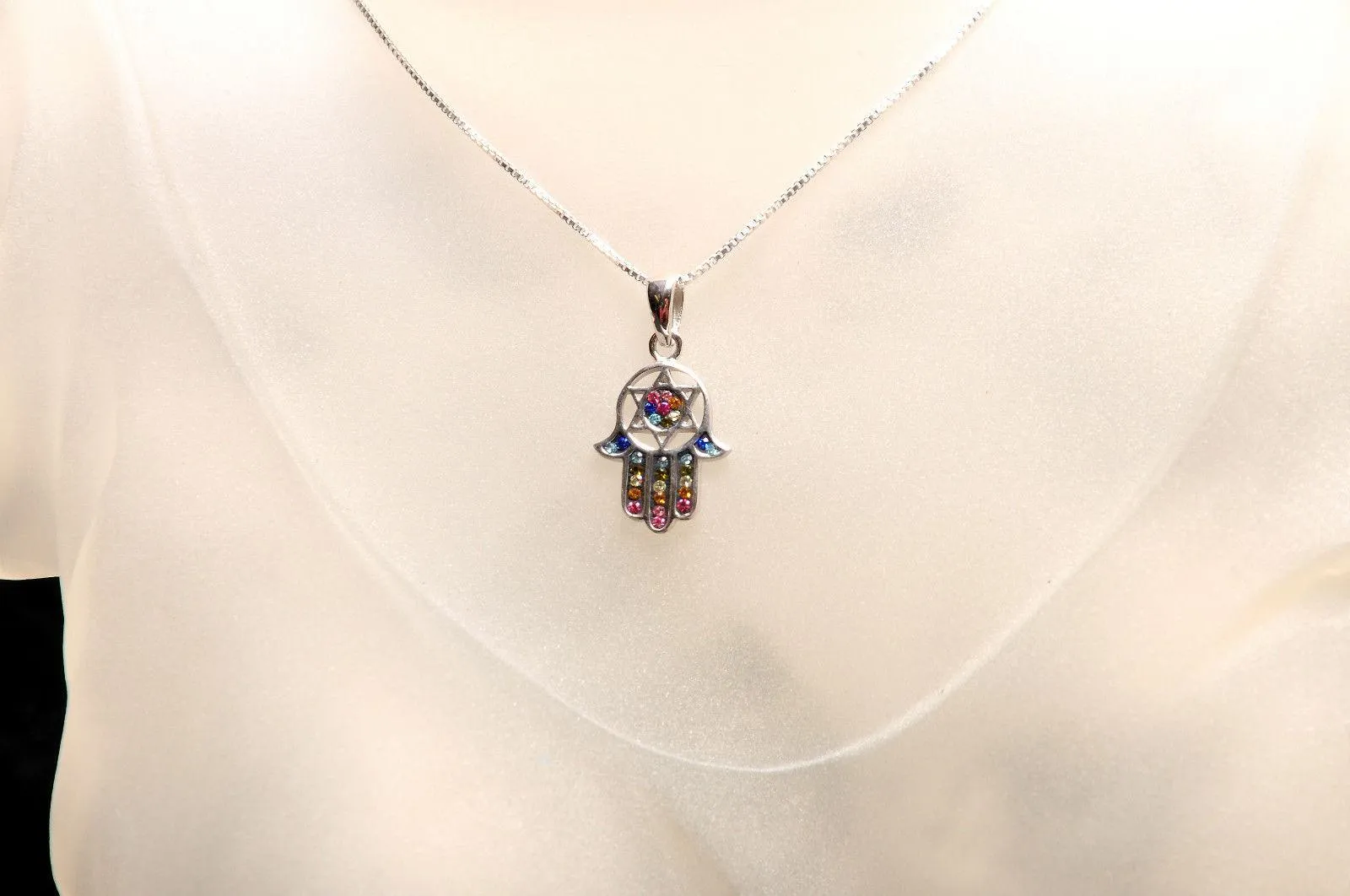 Hamsa Silver Pendant With Multi Color Gemstones   925 Sterling Silver Chain #20