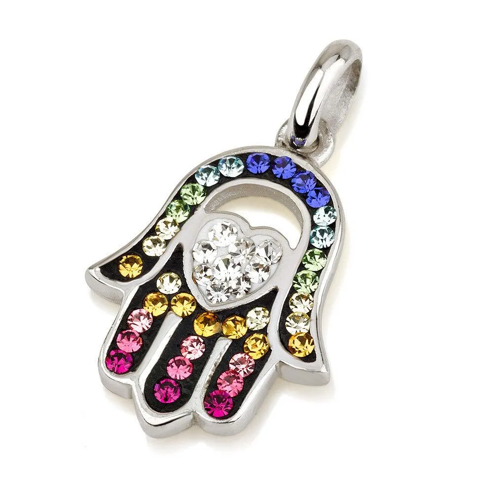 Hamsa Silver Pendant With Multi Colors Gemstones   925 Sterling Silver Chain #46